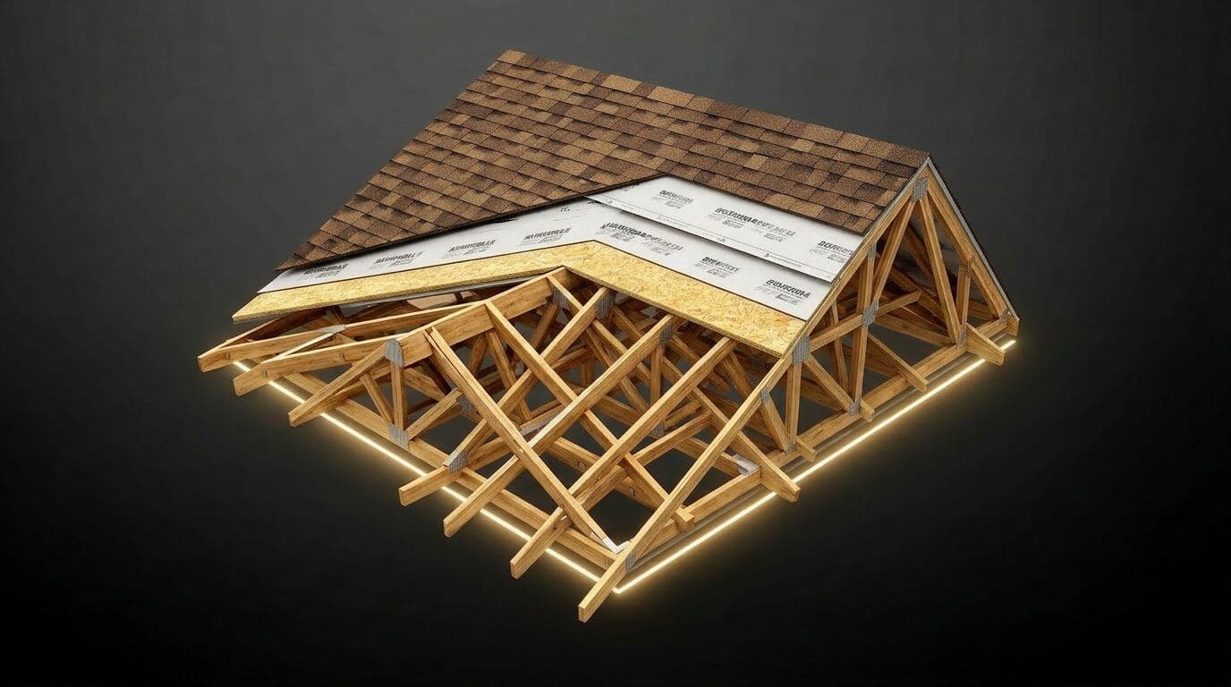 Cross-section diagram of a complete ARX roofing system — shingles, underlayment, decking, and trusses